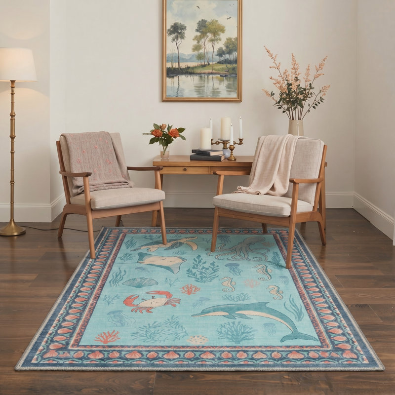 Tapis d'intérieur bleu / rose lavable à la machine Marina avec envers antidérapant, Rectangle 9 pi x 12 pi