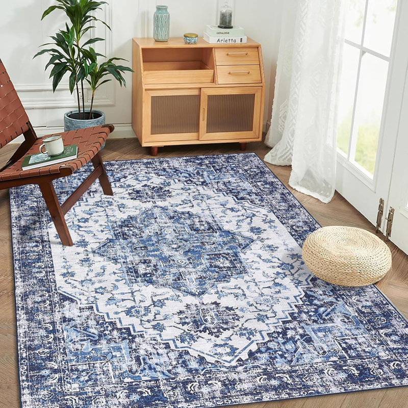 Tapis vintage lavable, à poils courts, mince, résistant aux taches, antidérapant pour le salon, la chambre à coucher, la salle à manger, bleu