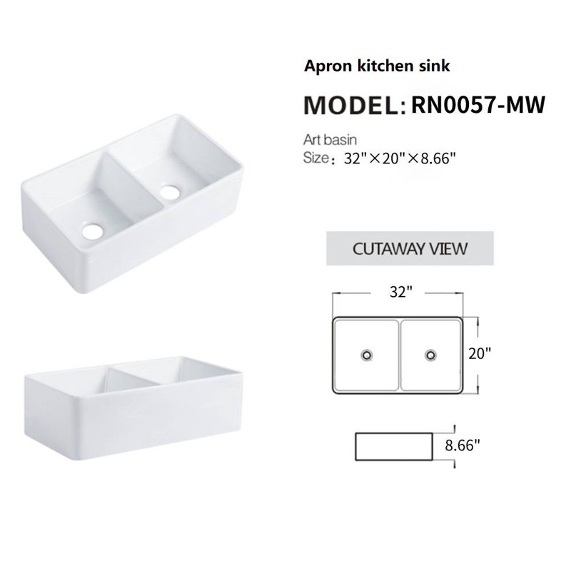 RENIST 20'' W Double Bowl Ceramic Farmhouse Kitchen Sink