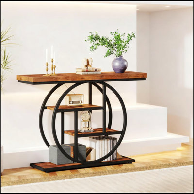 41.3 Inch Industrial Chic Console Table With Circle Base, Rustic Brown Finish, And Unique Metal Frame For Hallways And Entryways