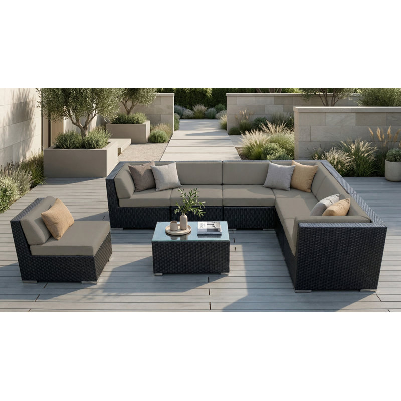 Ensemble de conversation en osier pour 7 personnes avec coussins Billyjo Wicker, Noir, Toile taupe Sunbrella®