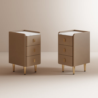 Set of 2 Solid Wood Core Nightstands with Faux Leather Upholstery & Sintered Stone Top