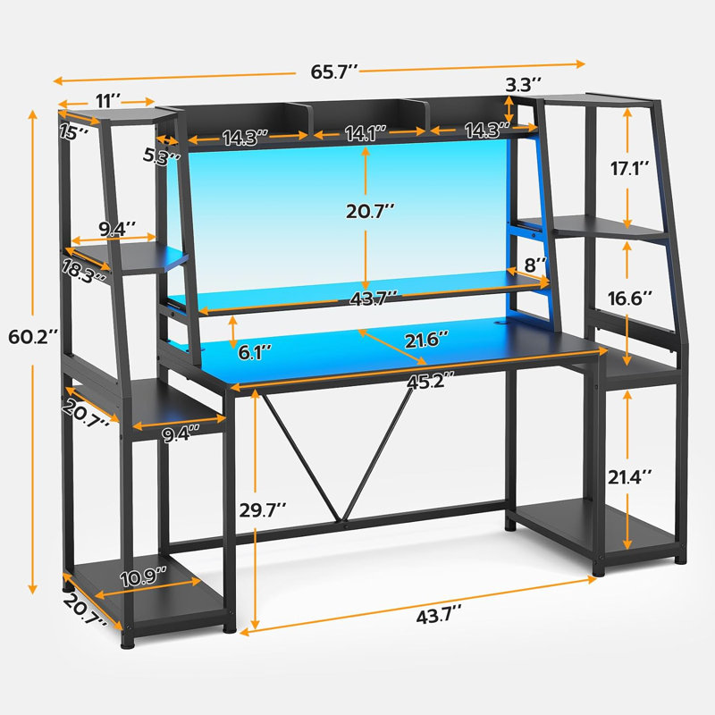 Black 65.7'' Gaming Desk with LED Lights and Hutch