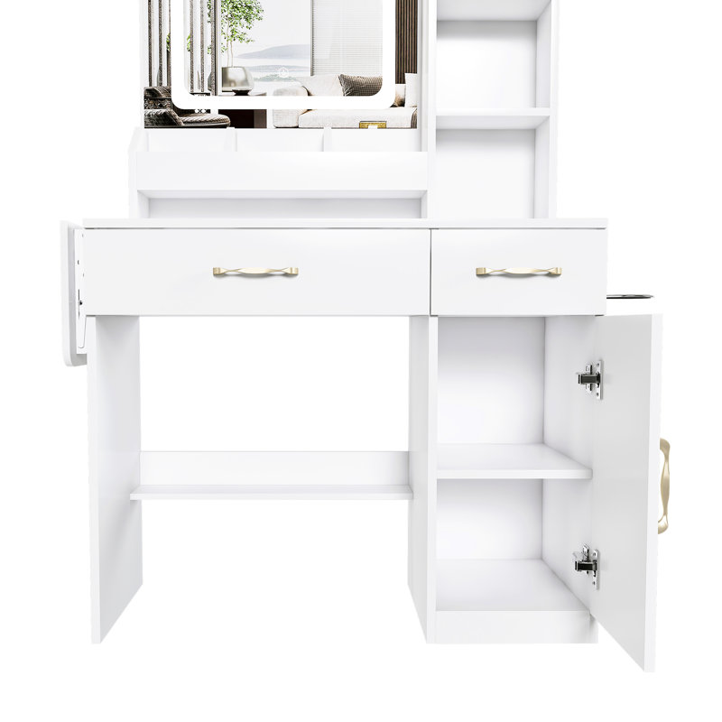 Makeup Dressing Table With Led Mirror, Charging Station, 3 Drawers, 7 Shelves And Stool - White, Adjustable Lighting, Modern Decor Storage Brightness, Look