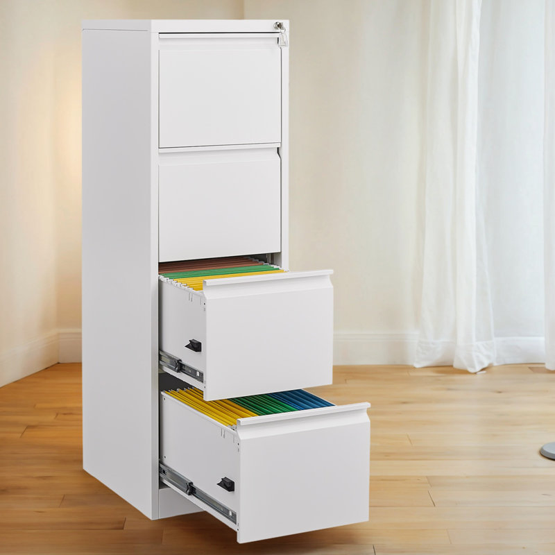 4-Drawer Vertical File Cabinet With Noise-Free Sliding Drawers And Interlocking Mechanism,Adjustable Hanging Rods, White