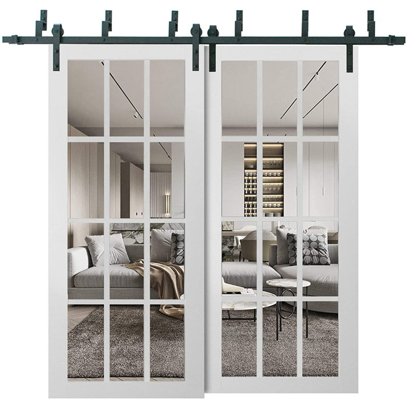 Portes de grange coulissantes en verre transparent pour garde-robe 12 lumières | Felicia 3355 | Ensemble de quincaillerie pour rails robustes | Portes de garde-robe de chambre en bois massif