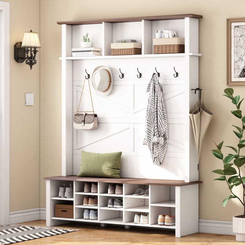 White Farmhouse 4-In-1 Hall Tree With 6 Hooks