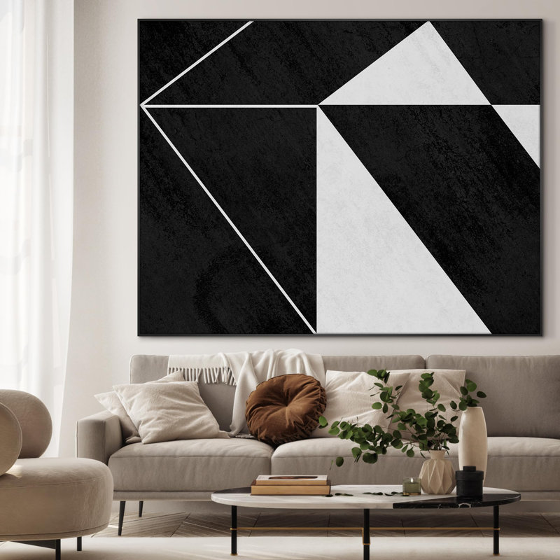 Impression d'art moderne encadré très grand moderne et abstrait géométrique noir et blanc (assemblage requis)