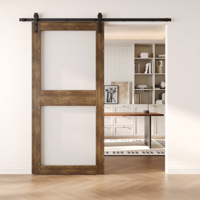 48x84 Dark Walnut Color 2-Lite Glass Design Finished Unassembled Solid Wood Sliding Barn Door Only