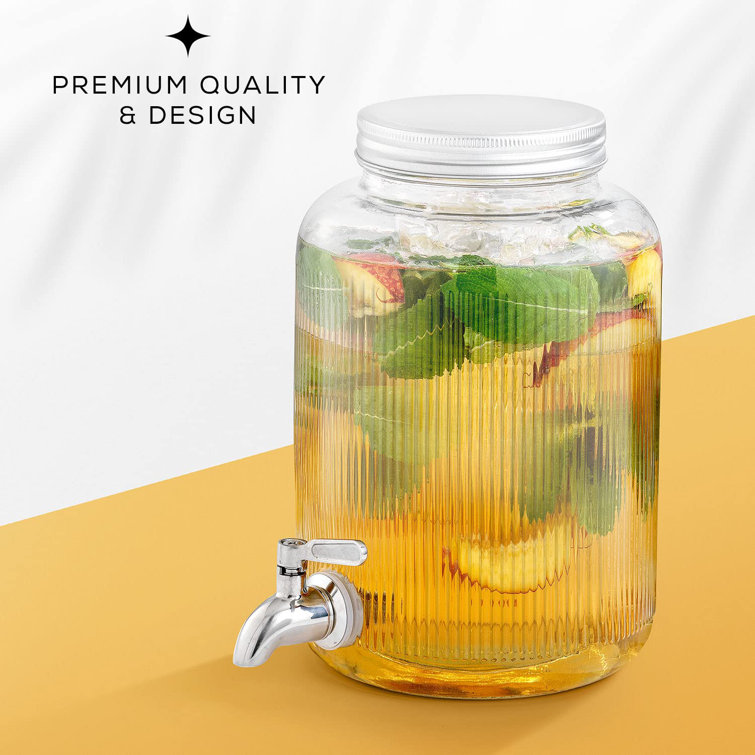 1 Gallon Beverage Dispenser, Glass Beverage Dispenser, with Stainless Steel Tap, Ice Cone and Fruit injector! Water Dispenser, Lemonade Rack, Juice Co