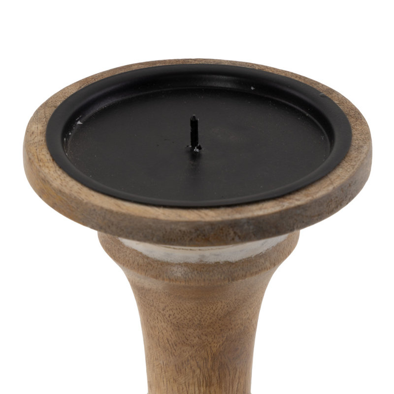 Mango Wood Turned Style Pillar Candle Holders, Light Brown