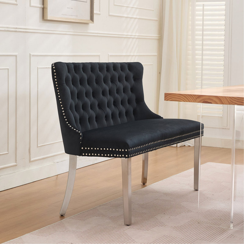 Banc en velours pour causeuse double, sièges de cuisine et de salle à manger, banc capitonné à 2 places avec boutons faits à la main, dossier à oreilles, pieds en acier inoxydable argenté brossé, style Mid-Century moderne