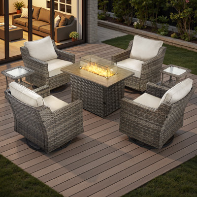 7 Piece Wicker Outdoor Furniture Set With Gas Fire Pti Table, High Back Patio Furniture Set With 4 Swivel Rocking Chairs And Side Table