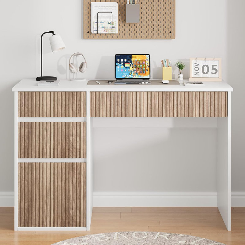 48 Inch Small Desk with Drawers and Storage Cabinet, White/Light Brown