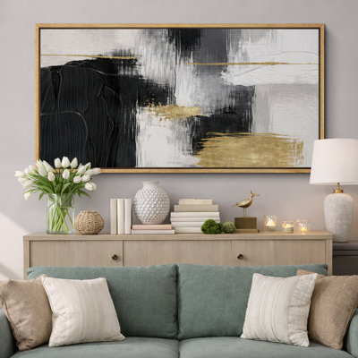 Composition abstraite noire et dorée, blocs audacieux avec contraste blanc neutre, design minimaliste moderne, impression sur toile encadrée