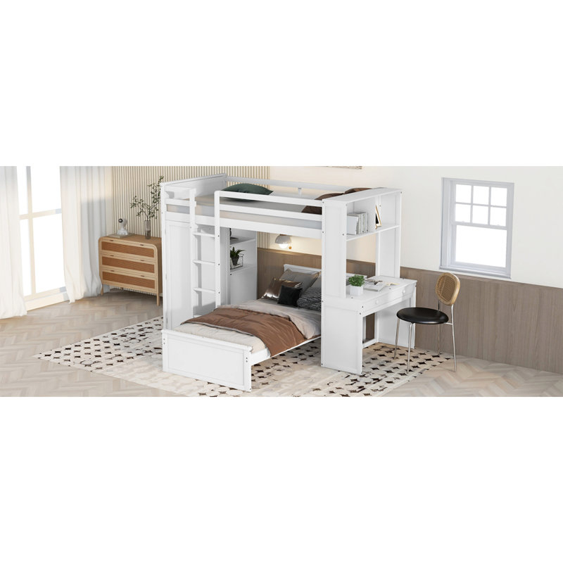 Lit mezzanine avec tablettes, bureau et garde-robe Sdalone, Lit simple, Blanc