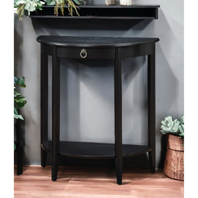 Console demi-lune Ii à finition noire avec compartiment ouvert sur la tablette inférieure, structure en bois avec plateau, 4 pieds carrés en bois de pin massif, 1 tiroir, séparation entre le haut et l'anneau de plancher de 5 po