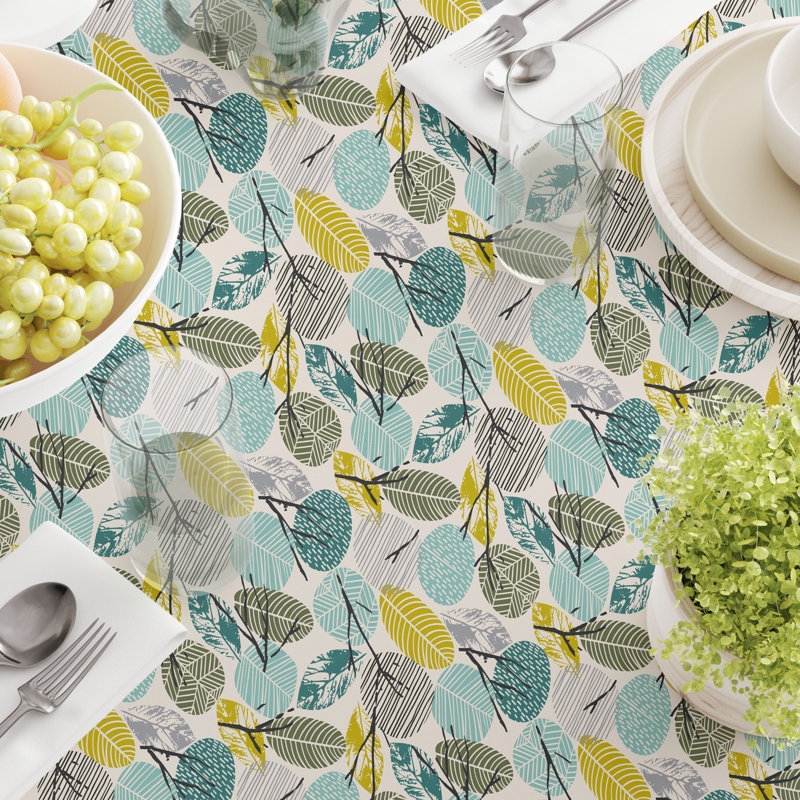 Hand Drawn Abstract Leaves Cotton Tablecloths Floral, 104" x 52"