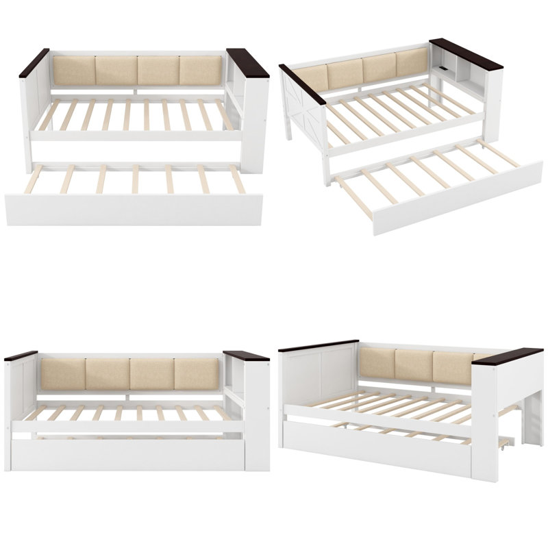 Wood Daybed with Trundle and Storage Shelves, Upholstered Backrest with USB Charging Station, White Solid Pine Frame for Bedroom, Guest Room or Office, No Box Spring Needed