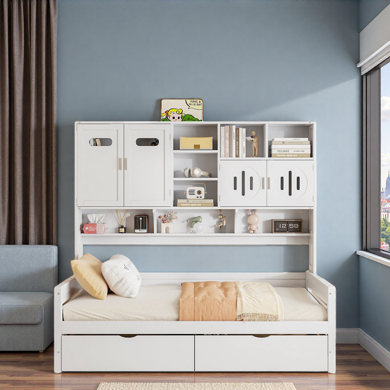 Lit de jour tout-en-un en bois avec 2 tiroirs, armoires et tablettes, Lit simple, Blanc