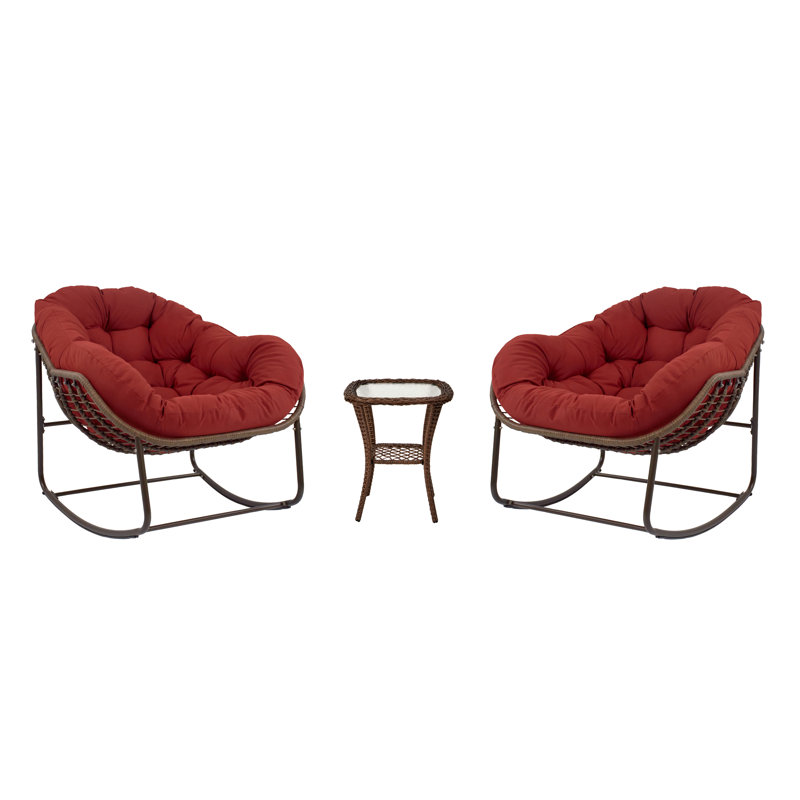 Outdoor Ladena Rocking Rattan Chair With Cushions And Rattan Coffee Table, Red