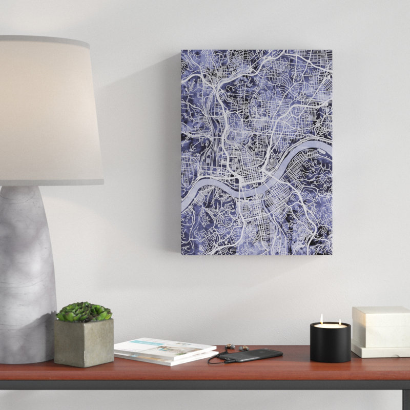 «Cincinnati Ohio City Map Blue» par Michael Tompsett, impression sur toile, H 19 po x l 14 po x P 2 po