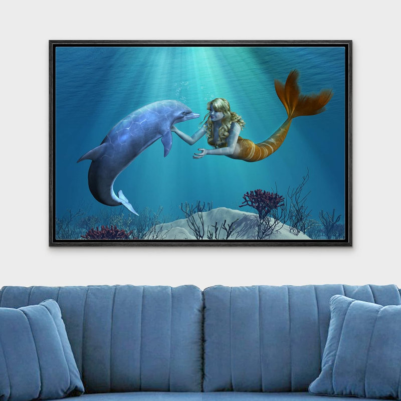 «Dolphin and Mermaid Under The Sea» sur, H 16 po x l 24 po, Cadre noir