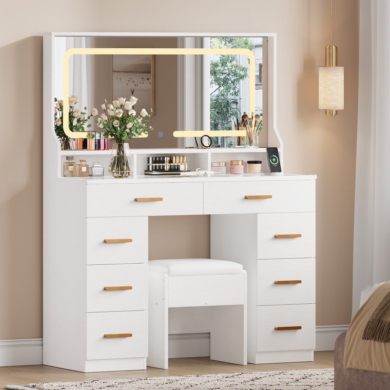 Bureau de coiffeuse avec miroir, table de maquillage avec plateau en verre et 8 tiroirs, Blanc