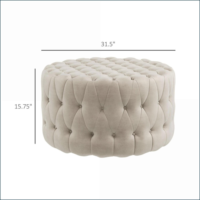 Ottoman 31.5" Round Velvet-Feel Button Tufted for Living Room, Entryway | Beige | Polyester