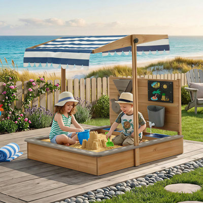Bac à sable rectangulaire en bois massif pour enfants 44 "x 40,3" avec auvent réglable, bac à sable extérieur pour la cour de jardin