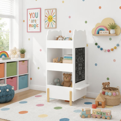 Bibliothèque pour enfants avec côté tableau noir - Bibliothèque en bois en forme d'ours avec rangement à 3 niveaux, planche à dessin pour tout-petits, organisateur de jouets et de livres pour salle de jeux ou chambre à coucher