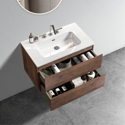Meuble-lavabo mural en noyer de 30 po avec lavabo en céramique et trois trous de robinet, lavabo une pièce sans drain, pré-assemblé