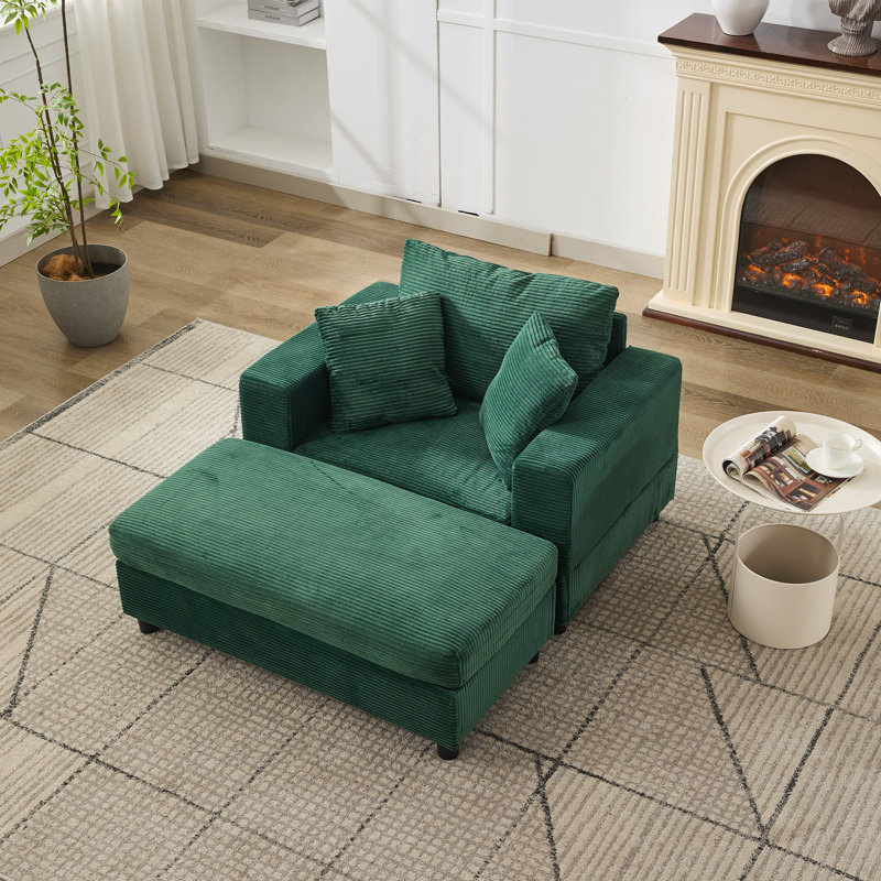Corduroy Upholstered Sofa Lounge Chair With Removable Ottoman And Pillows, Green