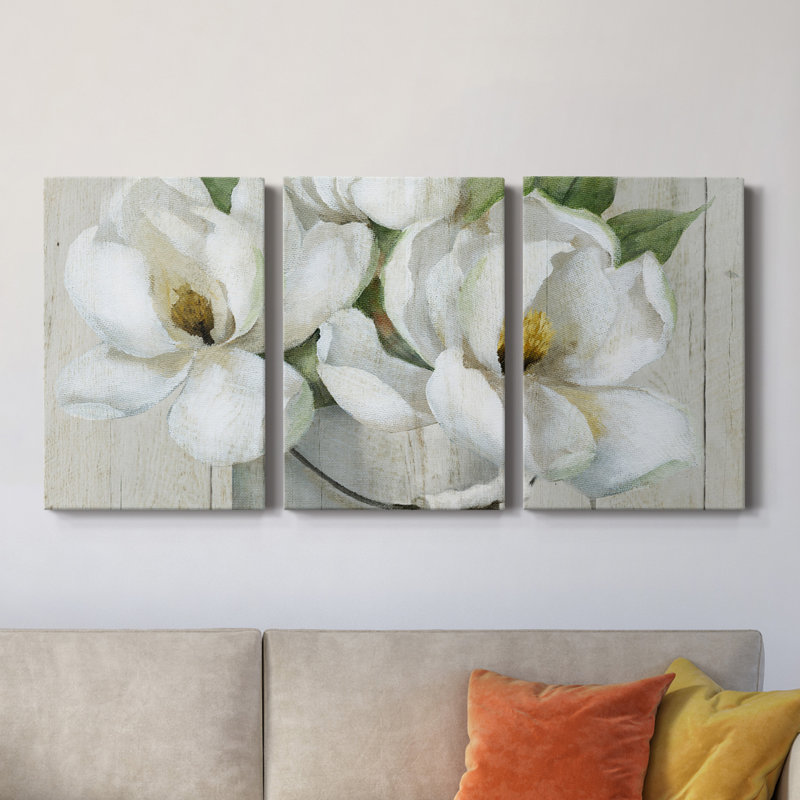 Shiplap Magnolias - Toile tendue avec châssis de qualité supérieure - Prêt à être accroché, H 27 po x l 54 po x P 1 po