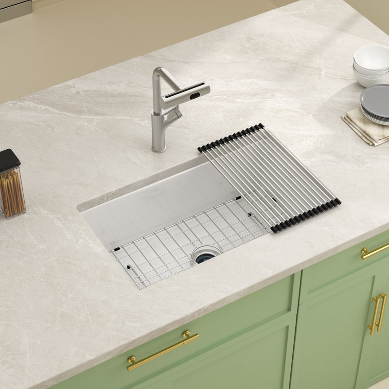 32" x 19" Fireclay Undermount Kitchen Sink, 10" Deep Single Bowl Ceramic Sink with Sink Grid, Roll-Up Rack & Strainer,Scratch Resistant Sink for Kitchen