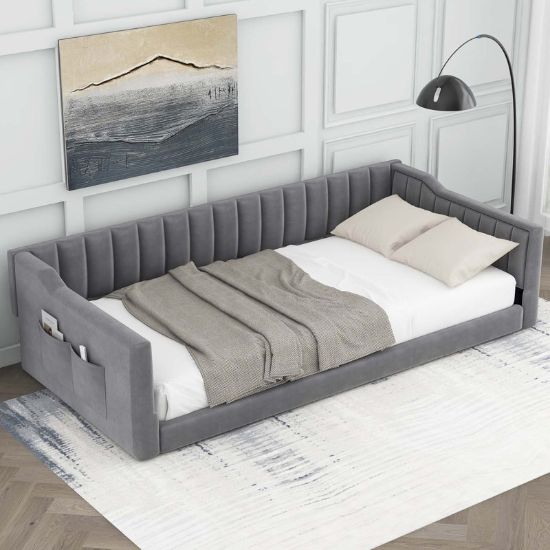 Twin XL Size Upholstery Daybed and Side Storage pocket, Gray, Twin XL