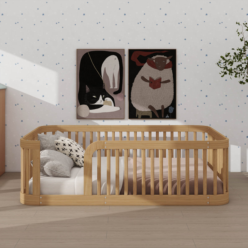 Base de lit double Montessori, avec barrière de sécurité, Naturel