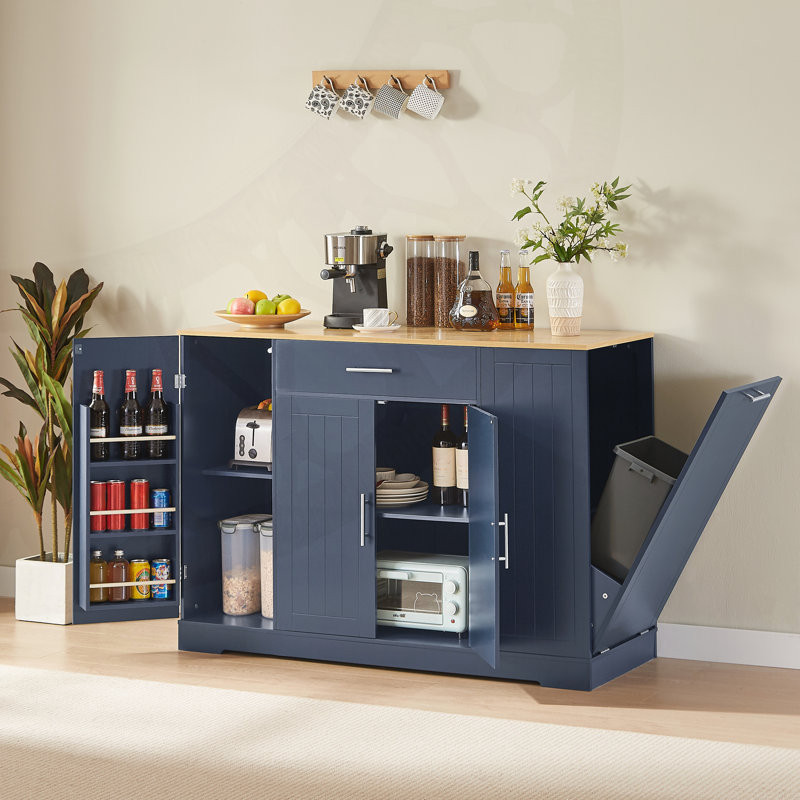 Îlot de rangement de 53,2 po avec tiroirs et armoire à poubelle, style campagne moderne pour une utilisation efficace de l'espace.