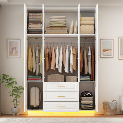 Armoire-penderie 4 portes à DEL avec miroir, armoire de rangement 90,6 po avec 3 tiroirs, tringle et armoire pour chambre à coucher