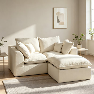 Cloud Sectional Couch，L Shaped Modular Sofa, 2 Seater Boneless Couch with Deep Seat Movable Ottoman， No Assembly, White