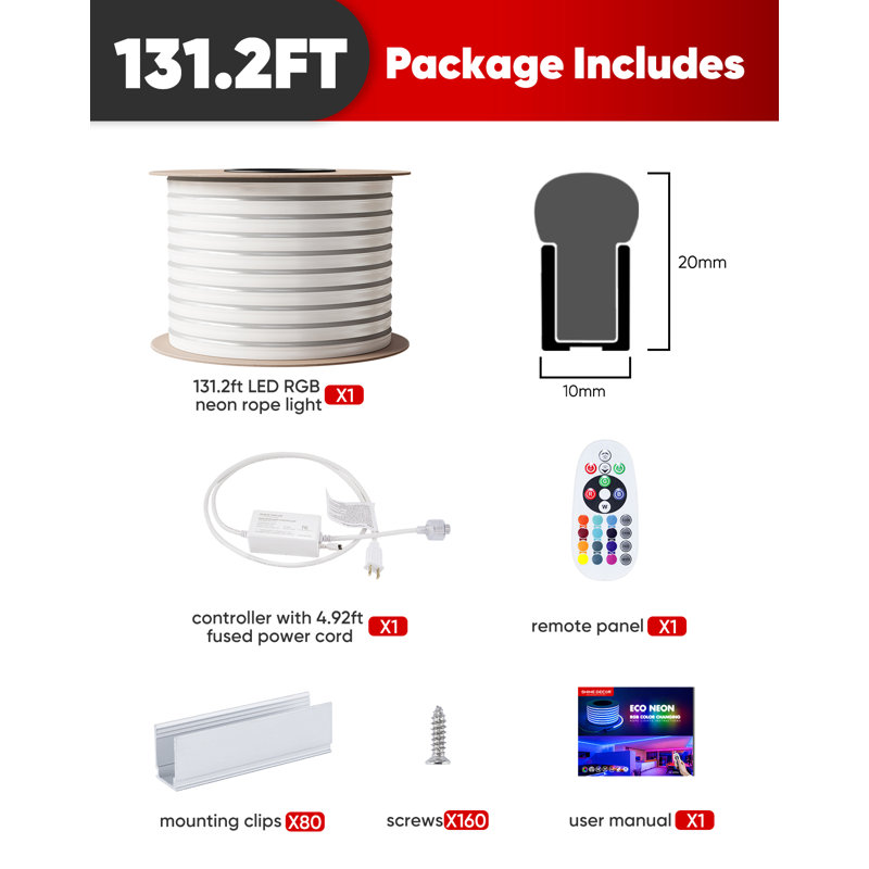 Shine Decor 120V Waterproof LED RGB Neon Rope Lights with Remote, 1572" L