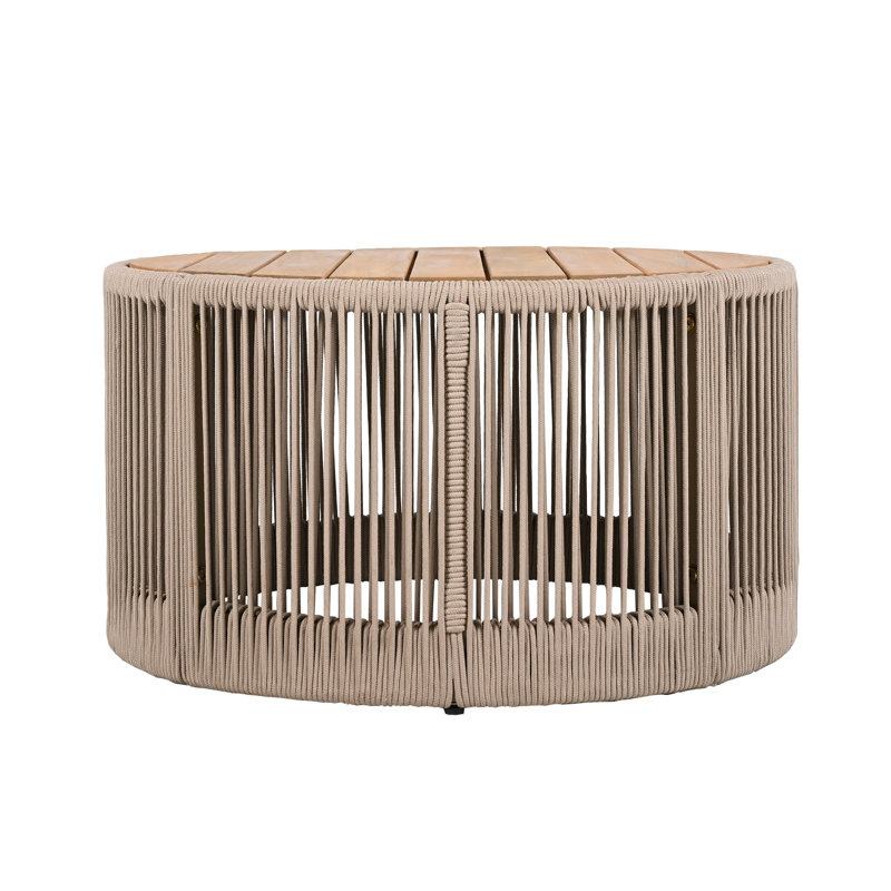 Outdoor Acacia Wood Rattan Coffee Table, 2 Color Beige/Grey 15"/26" Round, Weather Resistant Iron Frame For Patio Garden, Mix & Match Savings