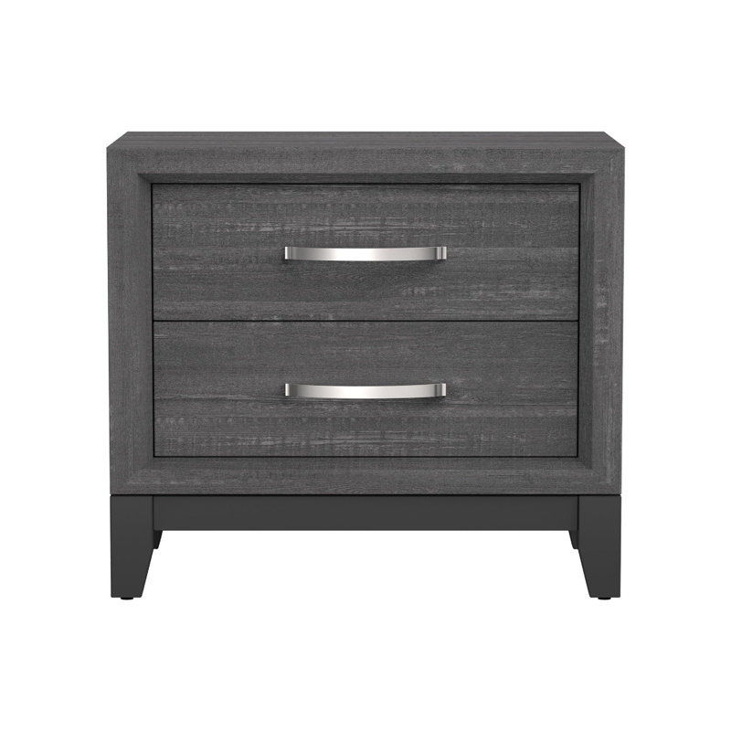 Erica Bedside Nightstand, 2 Drawers Chrome Bar Handles, Gray Wood