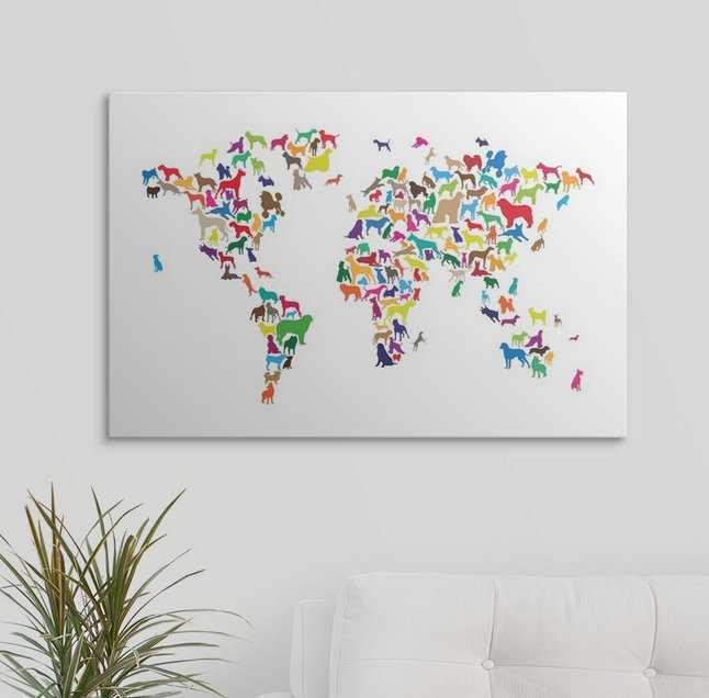 «Dogs Map of the World Map» par Abarca, impression, H 24 po x l 32 po x P 1 po, Cadre noir