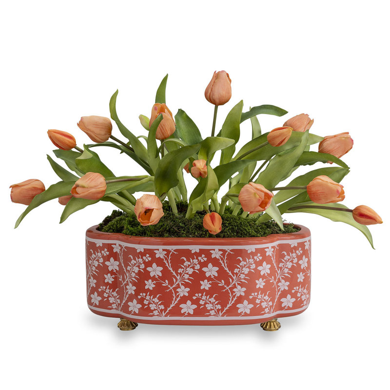 Foral Vine Stone Scallop Planter, Red