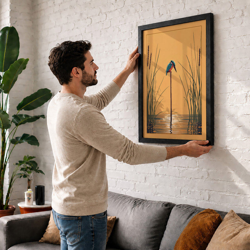 Kingfisher at Dawn Coastal - Framed Print, A3 - 42.0 x 29.7 cm, Black