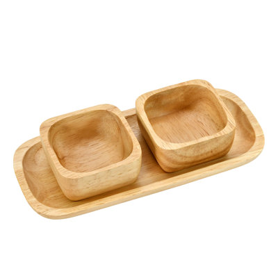 Ensemble d'assiettes fonctionnelles avec deux bols carrés en bois d'arbre de pluie brun naturel