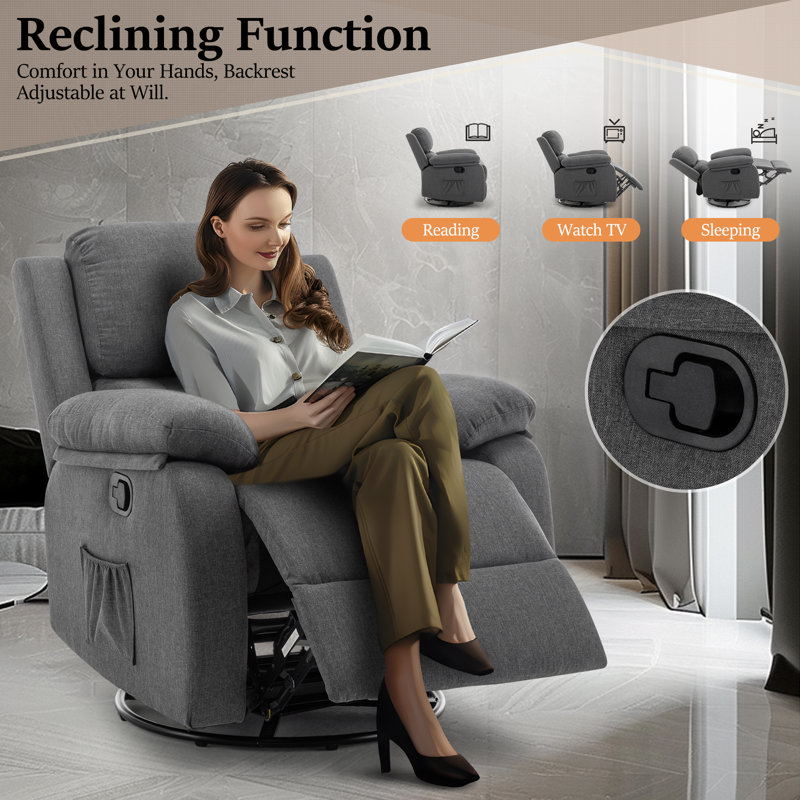 Gray Fabric Swivel Recliner with Side Pockets