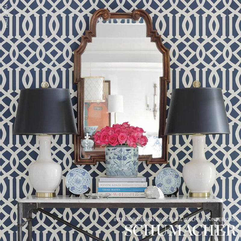 Imperial Trellis II Wallpaper, Ivory/Navy