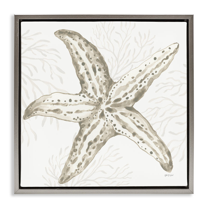«Starfish & Neutral Coral», art mural encadré sur toile flottante, 18" H x 18" W, Cadre flottant gris lustré